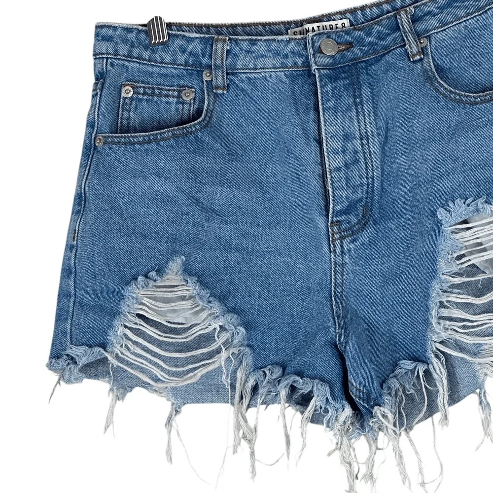 Signature 8 Distressed Frayed Denim Jean Shorts Blue Edgy Ripped Size L